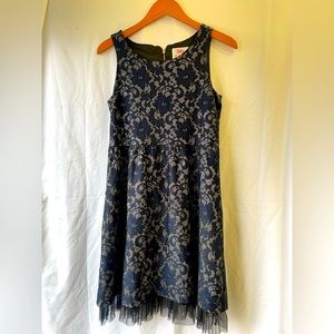 Justice blue silver metallic holiday dress fancy
sleeveless faux lace floral